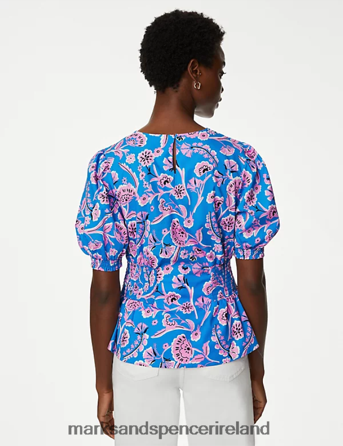 Marks & Spencer Women Pure Cotton Printed Puff Sleeve Blouse Blue Mix Clothing 2VJ8DF147
