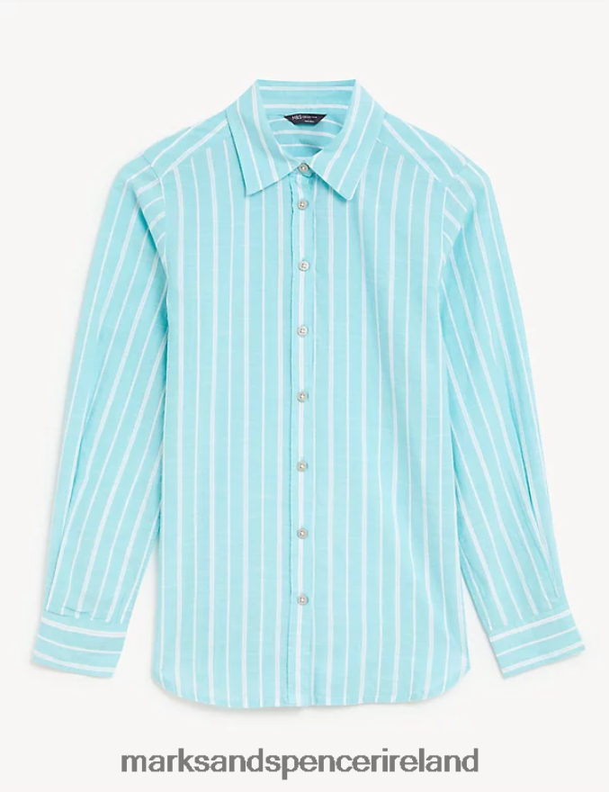 Marks & Spencer Women Pure Cotton Striped Regular Fit Shirt Light Blue Mix Clothing 2VJ8DF3103