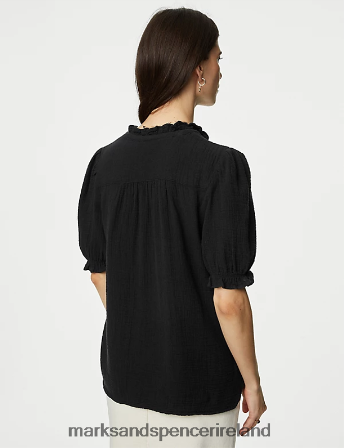 Marks & Spencer Women Pure Cotton Textured Notch Neck Blouse Black Clothing 2VJ8DF1815
