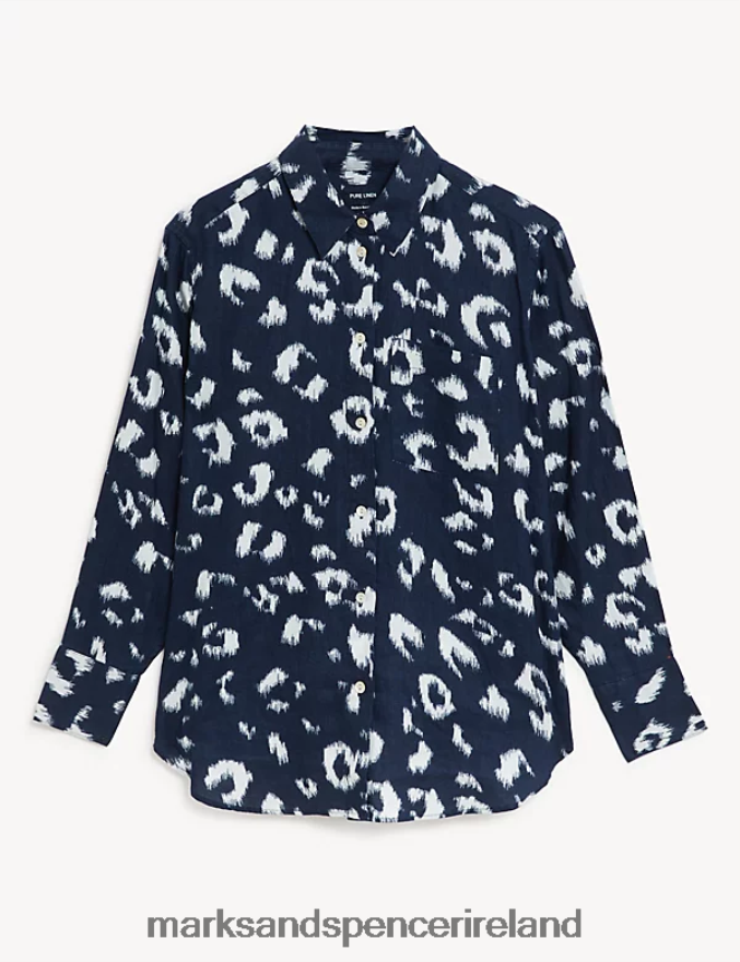 Marks & Spencer Women Pure Linen Printed Oversized Shirt Navy Mix Clothing 2VJ8DF2063
