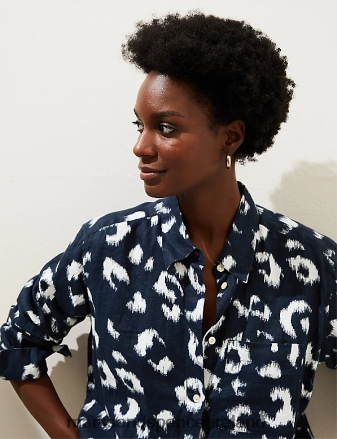 Marks & Spencer Women Pure Linen Printed Oversized Shirt Navy Mix Clothing 2VJ8DF2063