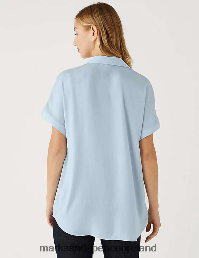 Marks & Spencer Women Satin Popover Blouse Ice Blue Clothing 2VJ8DF1908
