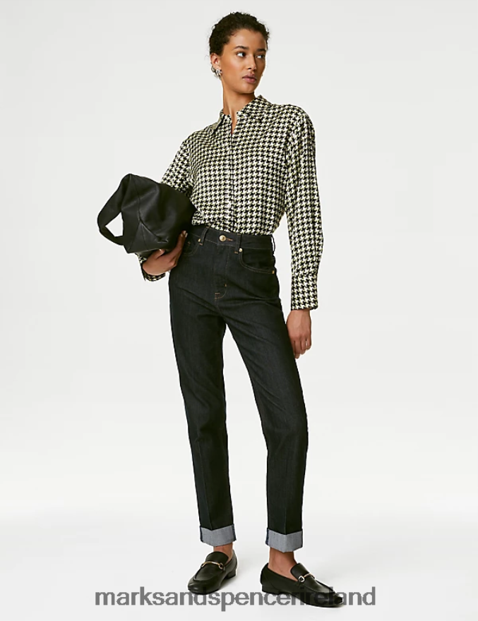 Marks & Spencer Women Satin Printed Collared Longline Shirt Black Mix Clothing 2VJ8DF88