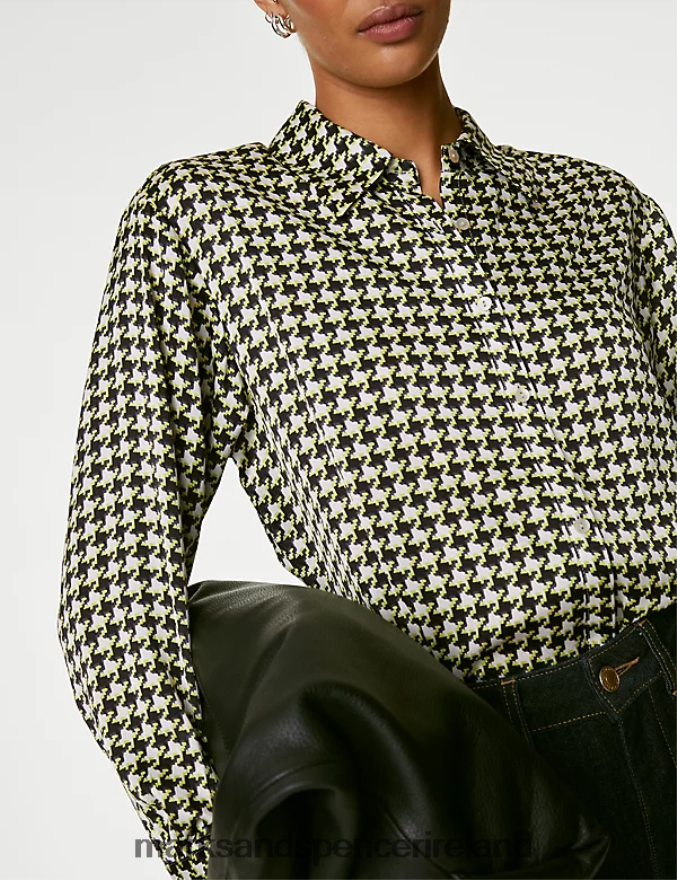 Marks & Spencer Women Satin Printed Collared Longline Shirt Black Mix Clothing 2VJ8DF88