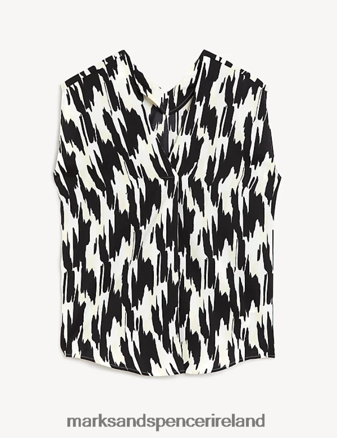 Marks & Spencer Women Satin Printed V-Neck Popover Blouse Black Mix Clothing 2VJ8DF1856
