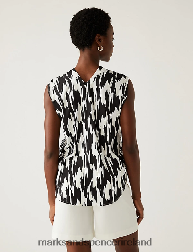 Marks & Spencer Women Satin Printed V-Neck Popover Blouse Black Mix Clothing 2VJ8DF1856