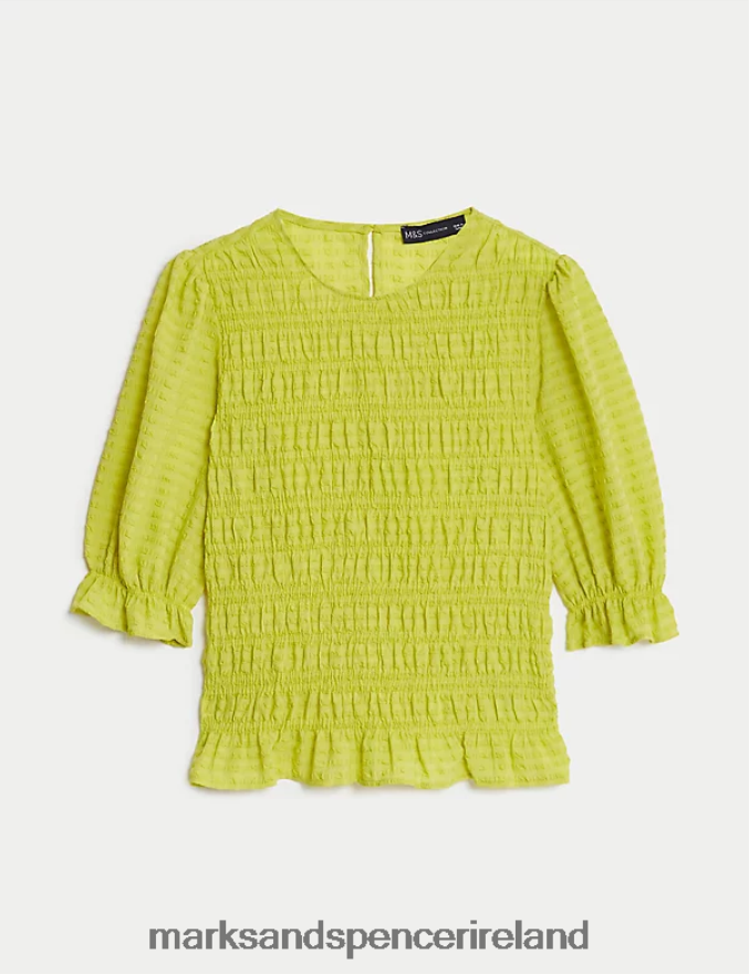 Marks & Spencer Women Textured Round Neck Shirred Waisted Blouse Limeade Clothing 2VJ8DF113