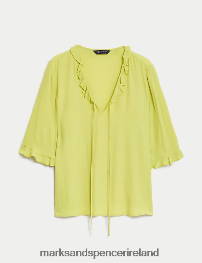 Marks & Spencer Women V-Neck Frill Detail Popover Blouse Lime Clothing 2VJ8DF546
