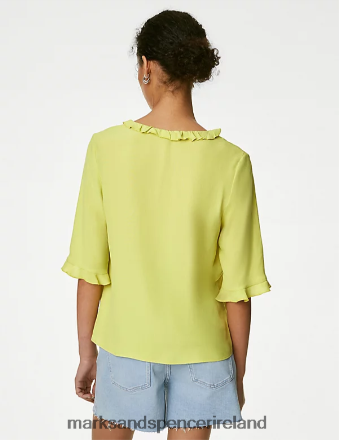 Marks & Spencer Women V-Neck Frill Detail Popover Blouse Lime Clothing 2VJ8DF546