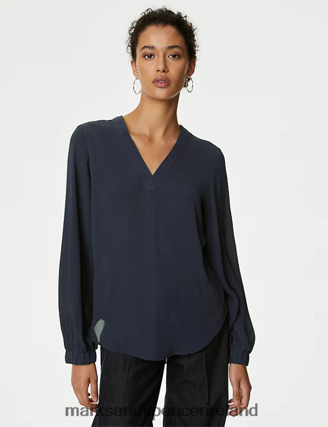Marks & Spencer Women V-Neck Popover Blouse Navy Clothing 2VJ8DF93