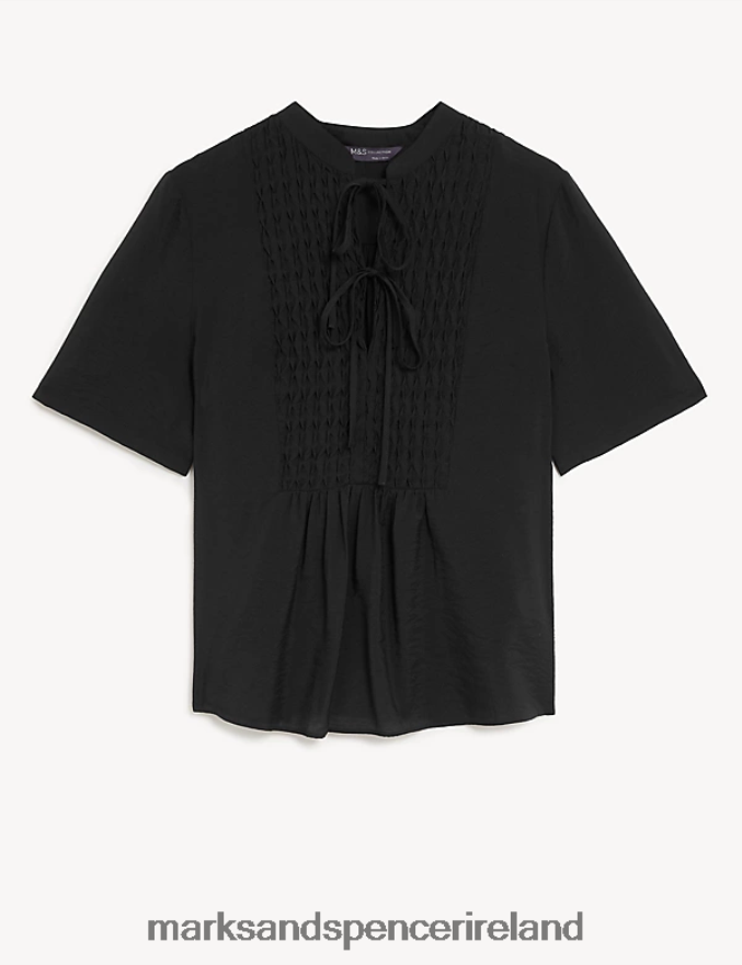 Marks & Spencer Women V-Neck Smocked Popover Blouse Black Clothing 2VJ8DF3124