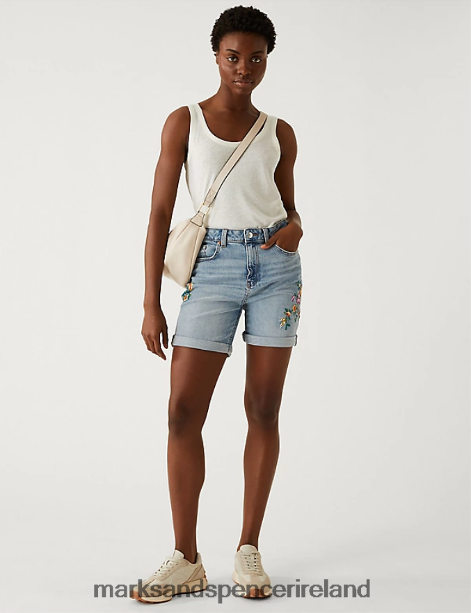 Marks & Spencer Women Denim Boyfriend Embroidered Shorts Medium Indigo Clothing 2VJ8DF2862
