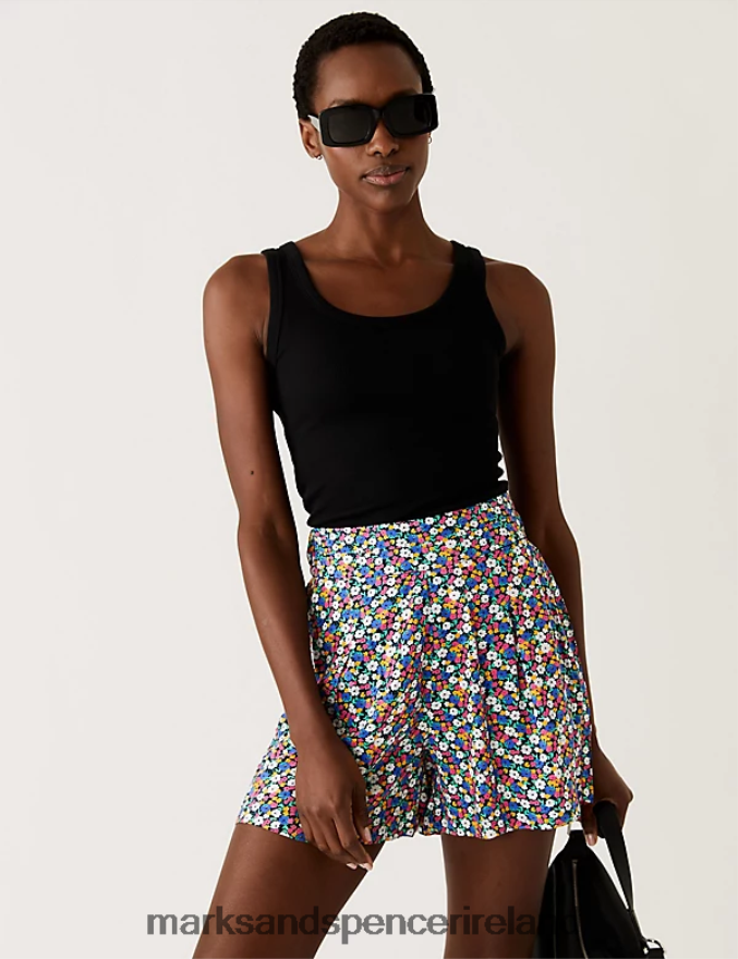 Marks & Spencer Women Printed Pleat Front Shorts Dark Blue Mix Clothing 2VJ8DF1915