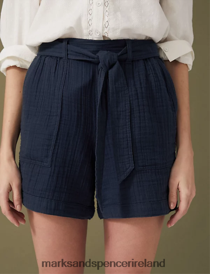 Marks & Spencer Women Pure Cotton High Waisted Belted Shorts Navy Clothing 2VJ8DF2291