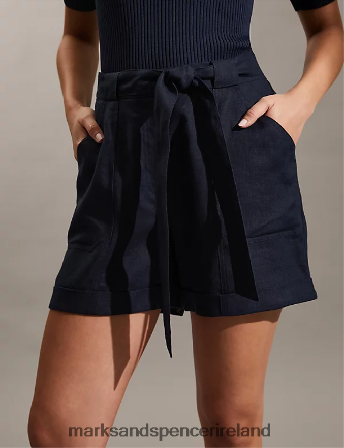 Marks & Spencer Women Pure Linen Belted Shorts Navy Clothing 2VJ8DF2182