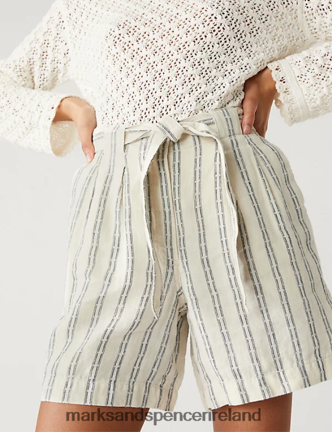 Marks & Spencer Women Pure Linen Striped High Waisted Shorts Ecru Mix Clothing 2VJ8DF2941
