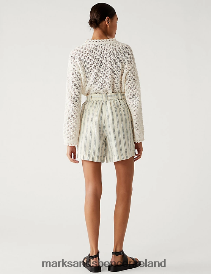 Marks & Spencer Women Pure Linen Striped High Waisted Shorts Ecru Mix Clothing 2VJ8DF2941