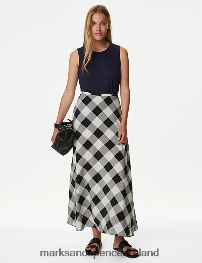 Marks & Spencer Women Checked Maxi A-Line Skirt Black Mix Clothing 2VJ8DF219