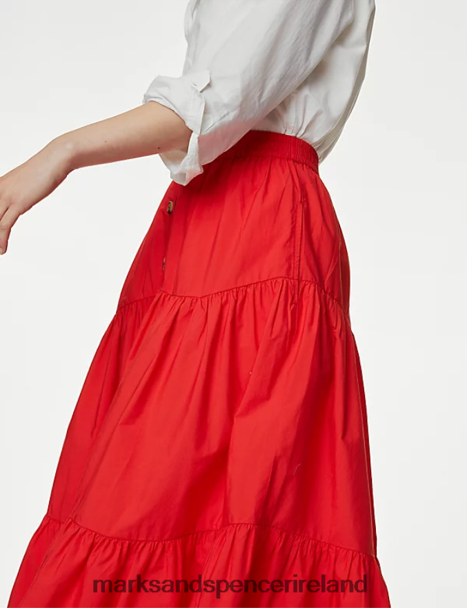 Marks & Spencer Women Cotton Button Down Tiered Midi Skirt Red Clothing 2VJ8DF851