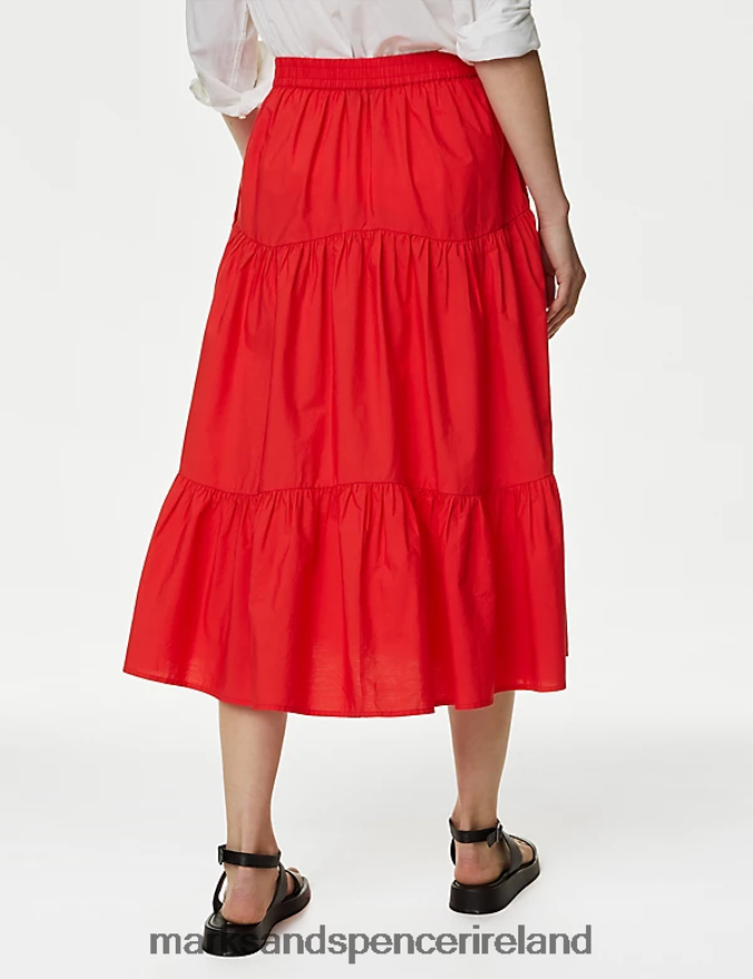 Marks & Spencer Women Cotton Button Down Tiered Midi Skirt Red Clothing 2VJ8DF851