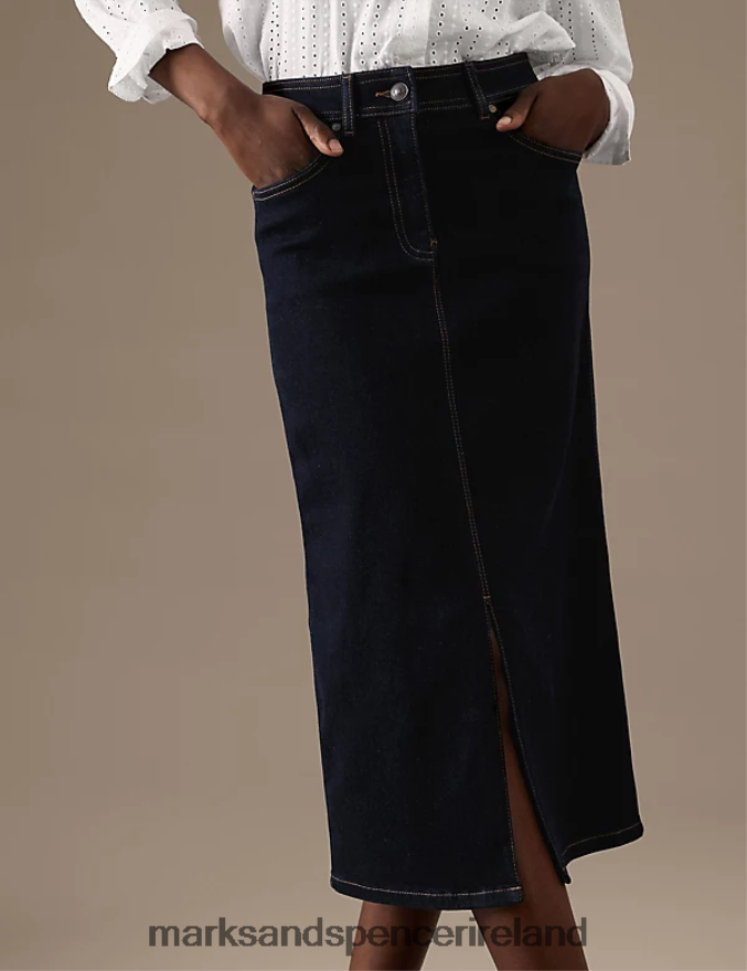 Marks & Spencer Women Denim Button Front Midaxi A-Line Skirt Indigo Clothing 2VJ8DF306
