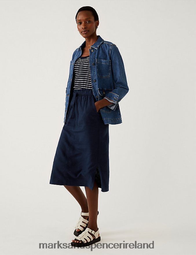 Marks & Spencer Women Linen Rich Midi Skirt Navy Clothing 2VJ8DF643