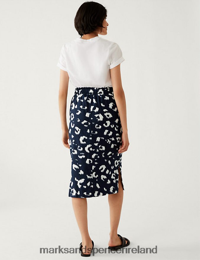 Marks & Spencer Women Linen Rich Midi Skirt Navy Mix Clothing 2VJ8DF644