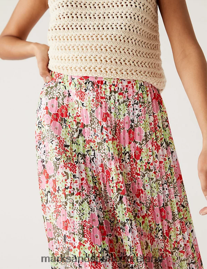 Marks & Spencer Women Printed Pleated Midaxi Skirt Pink Mix Clothing 2VJ8DF1668