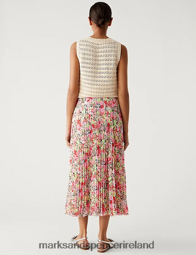 Marks & Spencer Women Printed Pleated Midaxi Skirt Pink Mix Clothing 2VJ8DF1668