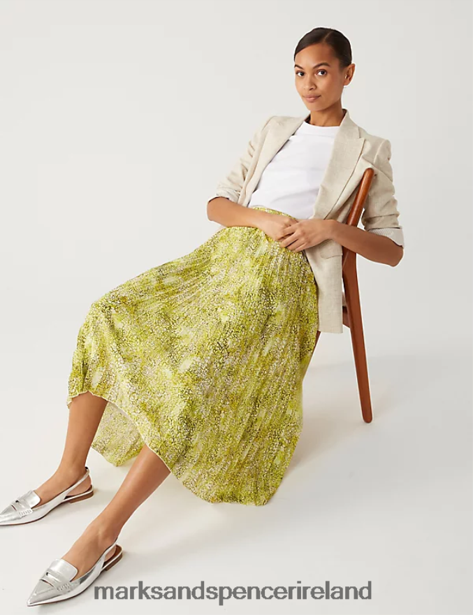 Marks & Spencer Women Printed Pleated Midaxi Skirt Yellow Mix Clothing 2VJ8DF1670