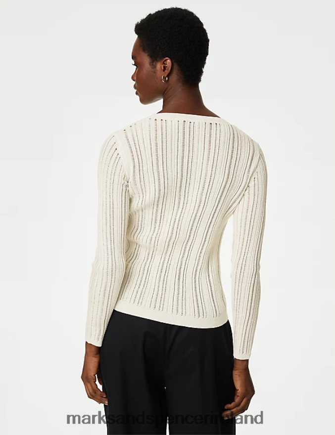 Marks & Spencer Women Cotton Blend Textured Crew Neck Jumper Ivory Clothing 2VJ8DF790