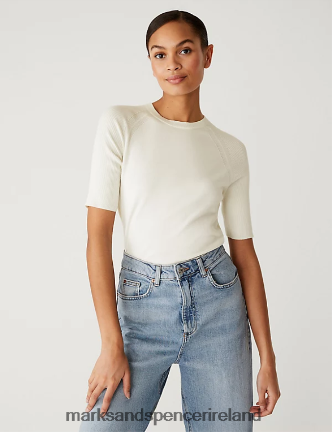 Marks & Spencer Women Cotton Rich Ribbed Crew Neck Knitted Top Ivory Clothing 2VJ8DF1435