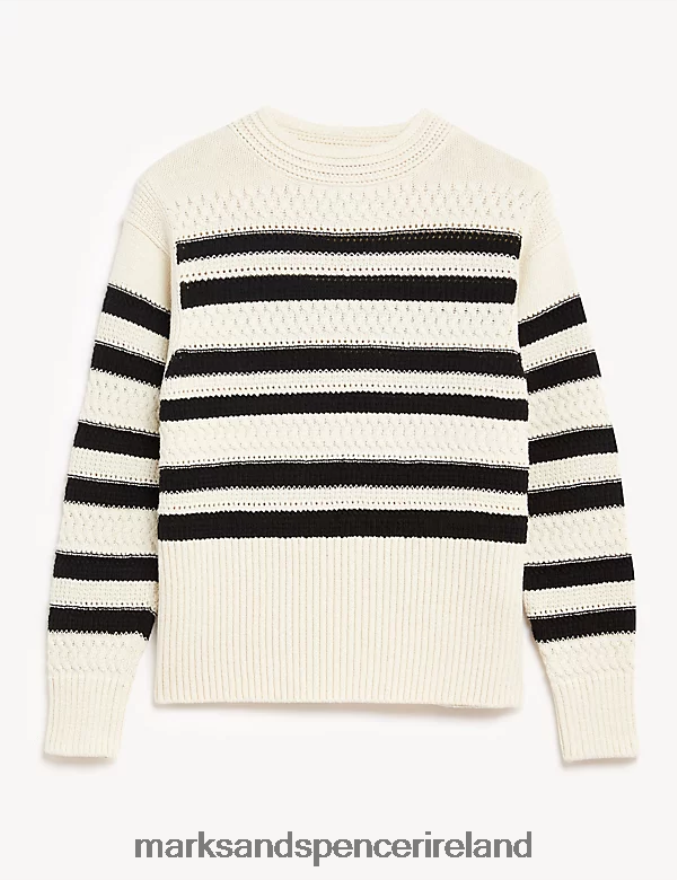 Marks & Spencer Women Cotton Rich Striped Crew Neck Jumper Black Mix Clothing 2VJ8DF2018