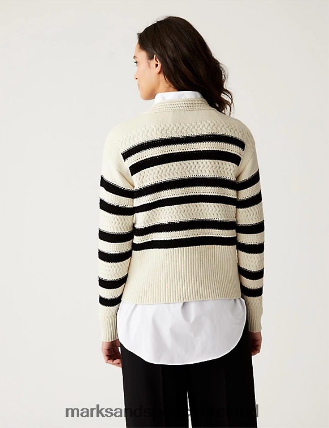 Marks & Spencer Women Cotton Rich Striped Crew Neck Jumper Black Mix Clothing 2VJ8DF2018