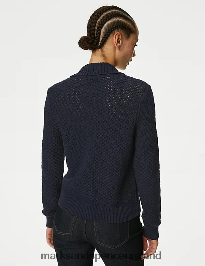 Marks & Spencer Women Cotton Rich Textured Collared Cardigan Midnight Navy Clothing 2VJ8DF390