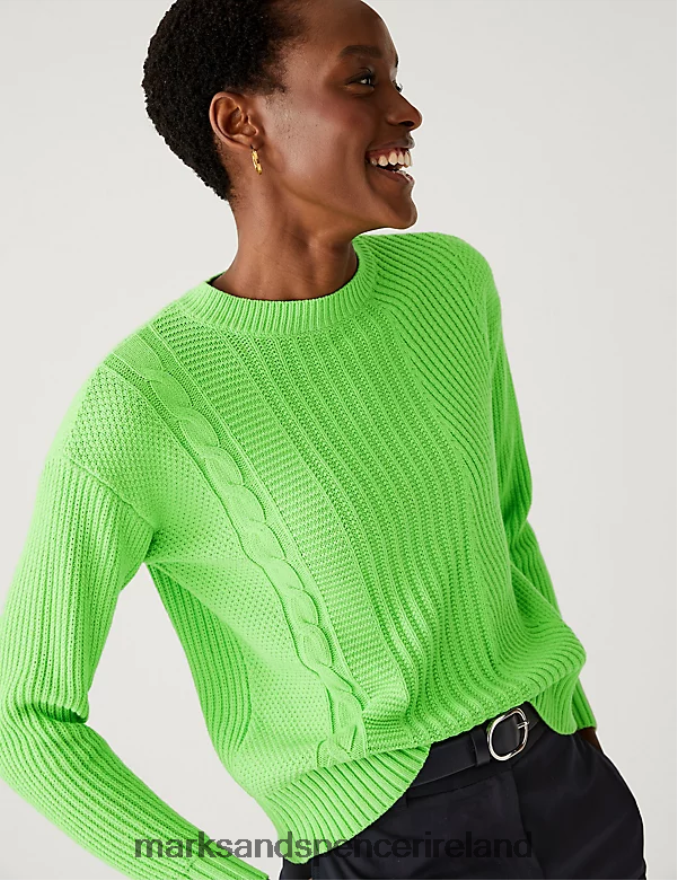 Marks & Spencer Women Cotton Rich Textured Crew Neck Jumper Lime Clothing 2VJ8DF1868