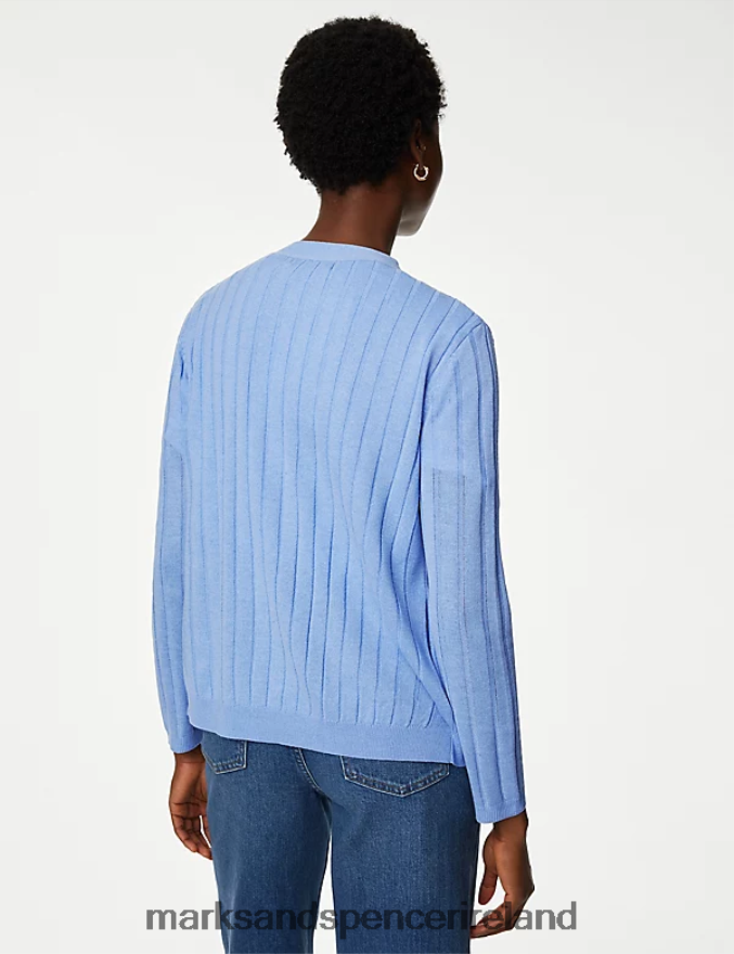 Marks & Spencer Women Edge to Edge Relaxed Cardigan with Linen Medium Blue Clothing 2VJ8DF3022