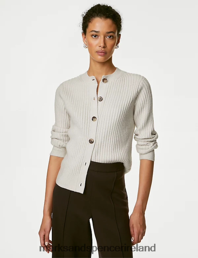 Marks & Spencer Women Knitted Ribbed Crew Neck Cardigan Light Natural Clothing 2VJ8DF364
