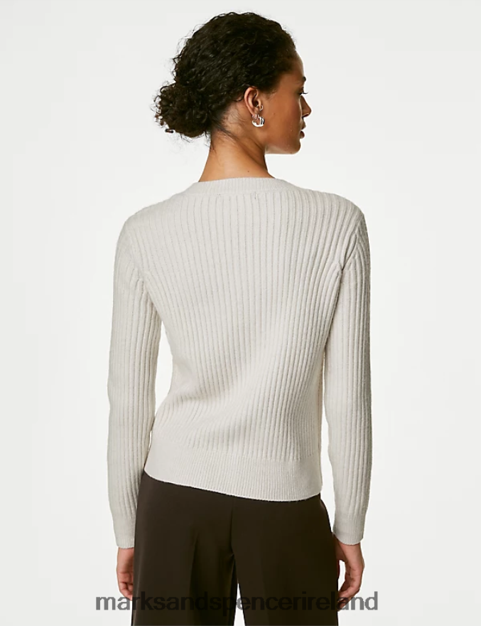 Marks & Spencer Women Knitted Ribbed Crew Neck Cardigan Light Natural Clothing 2VJ8DF364