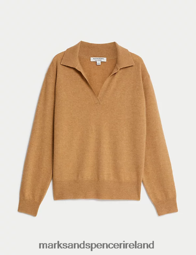 Marks & Spencer Women Pure Cashmere Collared Relaxed Jumper Camel Clothing 2VJ8DF3112