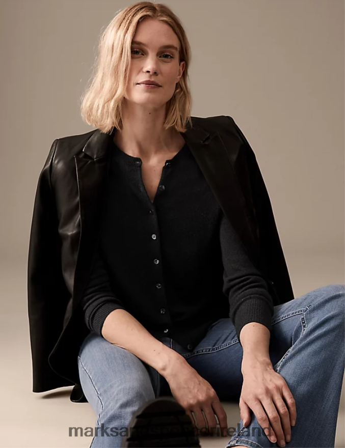 Marks & Spencer Women Pure Cashmere Crew Neck Cardigan Black Clothing 2VJ8DF2538