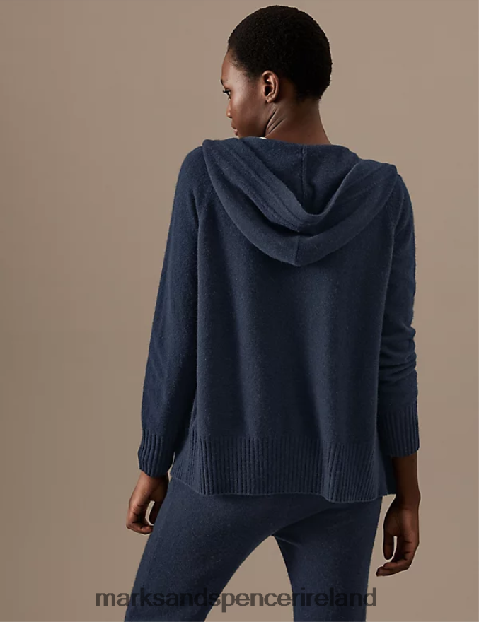 Marks & Spencer Women Pure Cashmere Knitted Relaxed Hoodie Navy Clothing 2VJ8DF3019