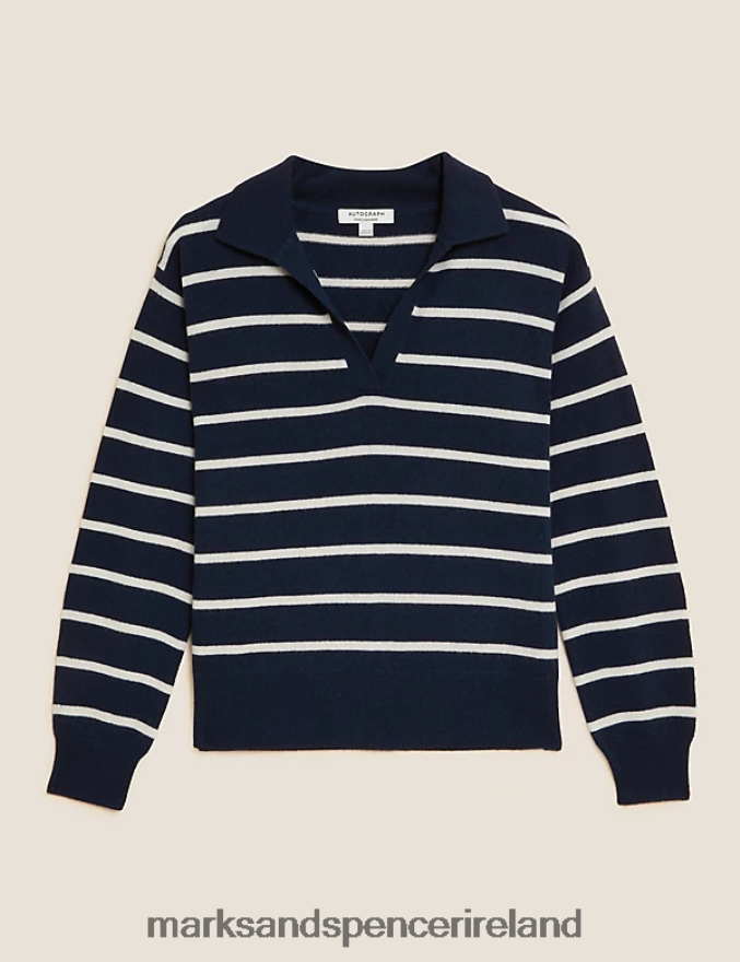 Marks & Spencer Women Pure Cashmere Striped Collared Jumper Navy Mix Clothing 2VJ8DF1232