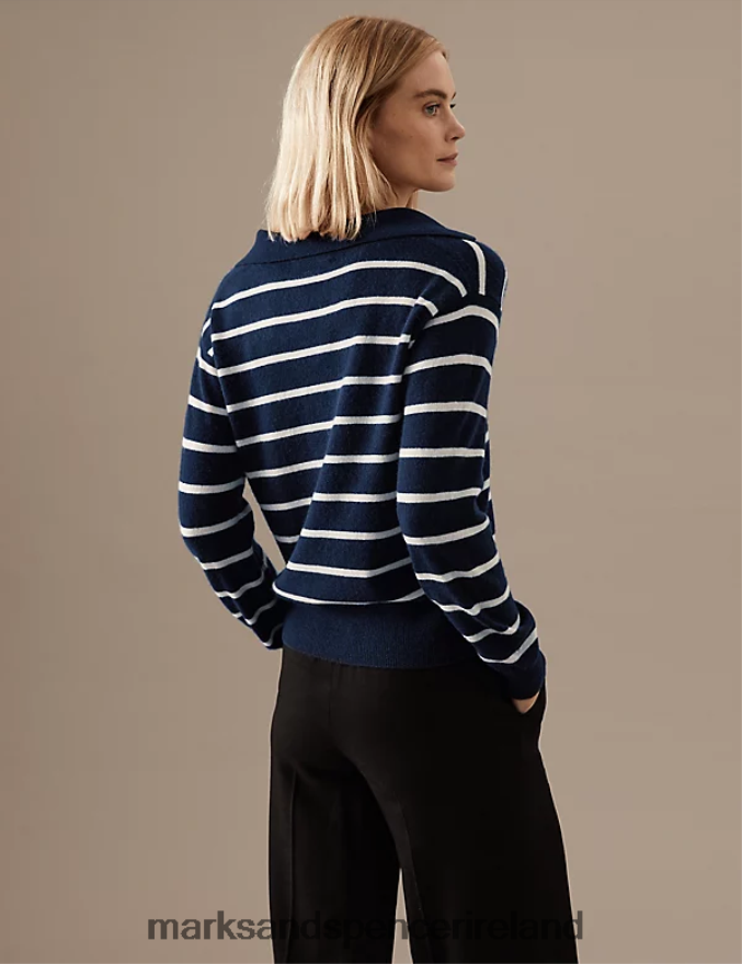 Marks & Spencer Women Pure Cashmere Striped Collared Jumper Navy Mix Clothing 2VJ8DF1232