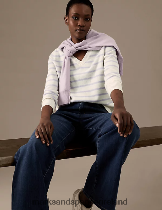 Marks & Spencer Women Pure Cashmere Striped V-Neck Jumper Lilac Mix Clothing 2VJ8DF2218
