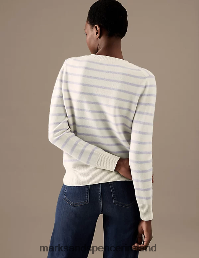 Marks & Spencer Women Pure Cashmere Striped V-Neck Jumper Lilac Mix Clothing 2VJ8DF2218