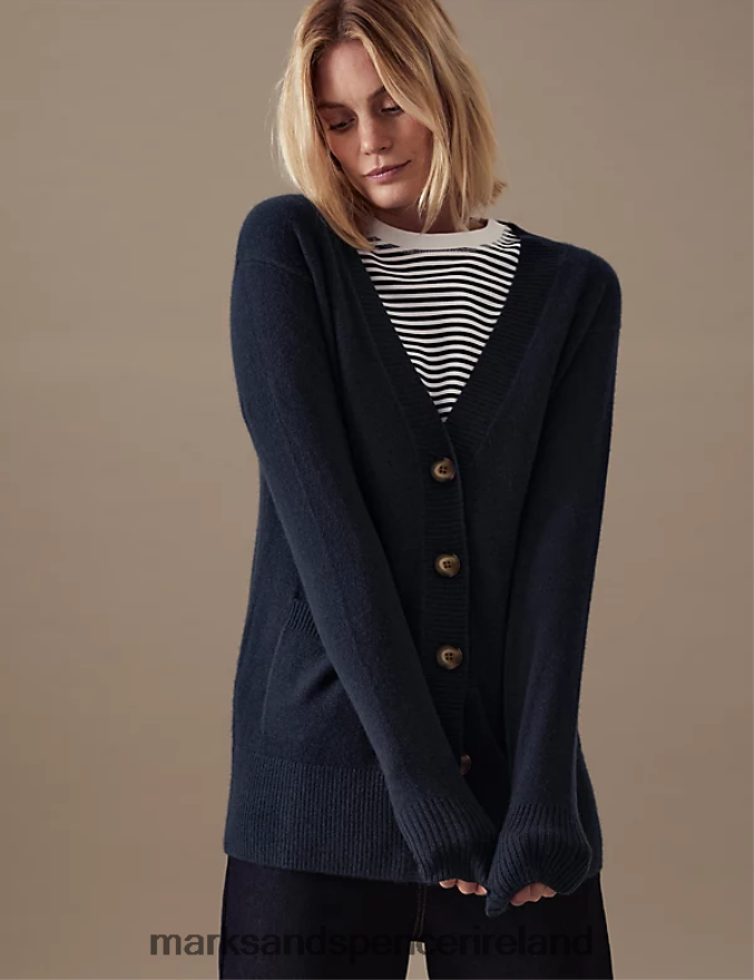 Marks & Spencer Women Pure Cashmere V-Neck Button Front Cardigan Navy Clothing 2VJ8DF1632