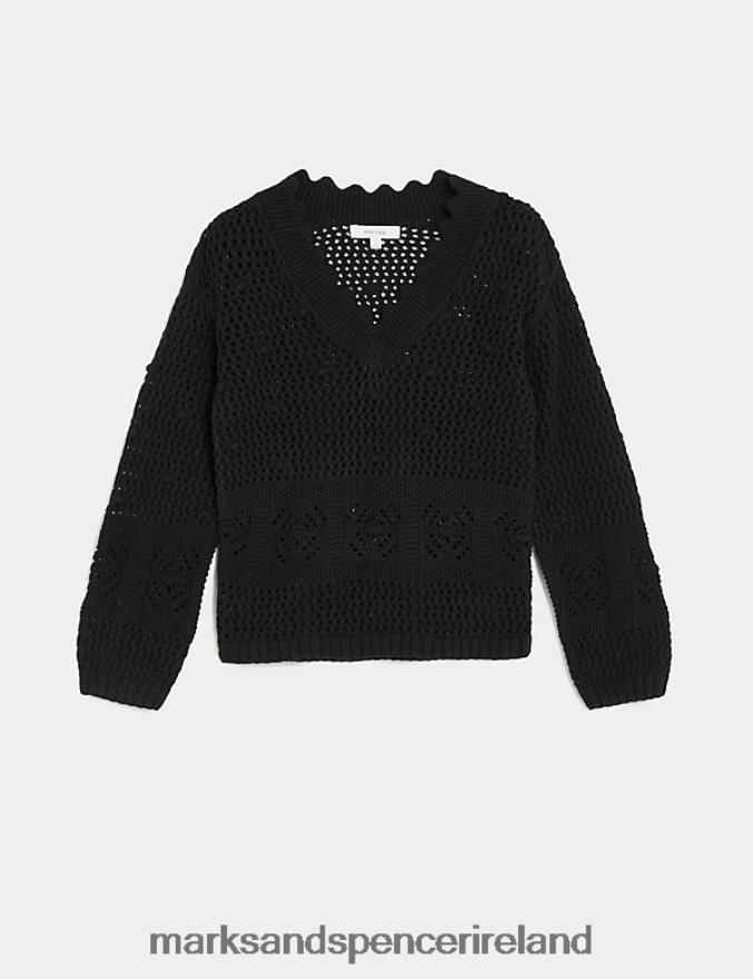 Marks & Spencer Women Pure Cotton V-Neck Scallop Edge Jumper Black Clothing 2VJ8DF225