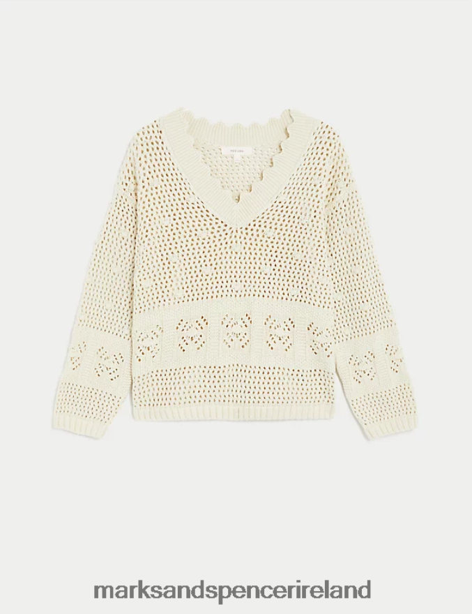 Marks & Spencer Women Pure Cotton V-Neck Scallop Edge Jumper Ecru Clothing 2VJ8DF541