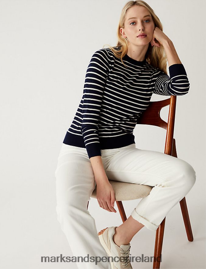 Marks & Spencer Women Pure Merino Wool Striped Crew Neck Jumper Navy Mix Clothing 2VJ8DF1152